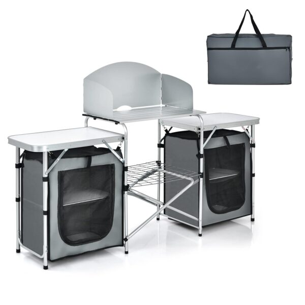 COSTWAY Folding Camping Table with Windshield and Carrying Bag, Outdoor Garden Kitchen Mesh-Door Storage Cabinet Shelves, Stove Burner Gas Organizer BBQ Picnic Table, 172 X 48 X...