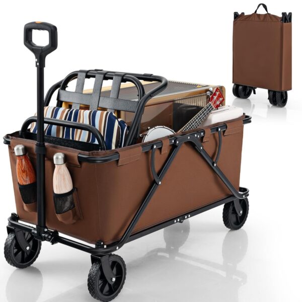 COSTWAY Folding Trolley Cart, 170L Collapsible Garden Festival Wagon with Adjustable Handle, 2 Cup Holders and Storage Pocket, Outdoor Transport Pull Along Carts for Camping...