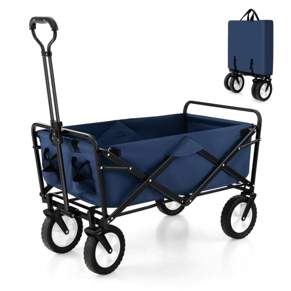 COSTWAY Folding Trolley Cart, Collapsible Garden Festival Wagon with 2 Cup Holders and Adjustable Handle, Outdoor Transport Pull Along Carts for Camping Beach Shopping Sporting...