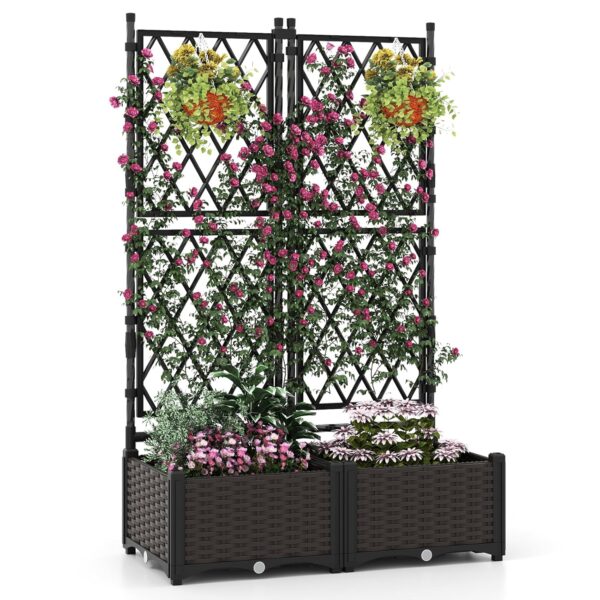 COSTWAY Garden Planter with Trellis, Weather-Resistant Trough Grow Box with Self-Watering Device and Drainage Holes, Indoor Outdoor Raised Garden Bed for Climbing Vine Plant (80...