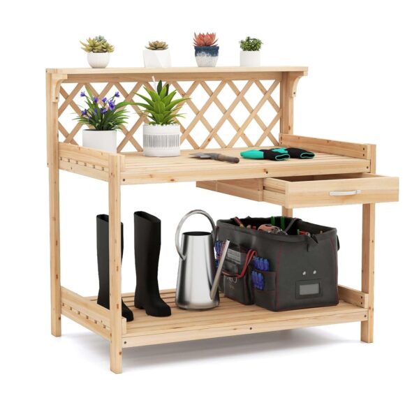 COSTWAY Garden Potting Table, Wooden Planting Bench Table with Lattice Trellis, Removable Drawer, Top & Lower Shelf, Gardening Workbench Station for Outdoor Patio Courtyard
