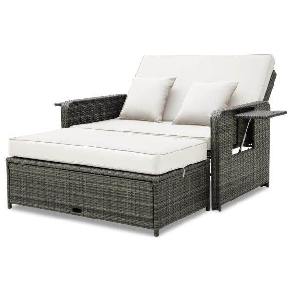 COSTWAY Garden Rattan Daybed, 4-Level Adjustable Patio Wicker Loveseat Sofa Bed Sun Lounger with Storage Ottoman, Retractable Tray & Cushions, Outdoor Double Conversation...