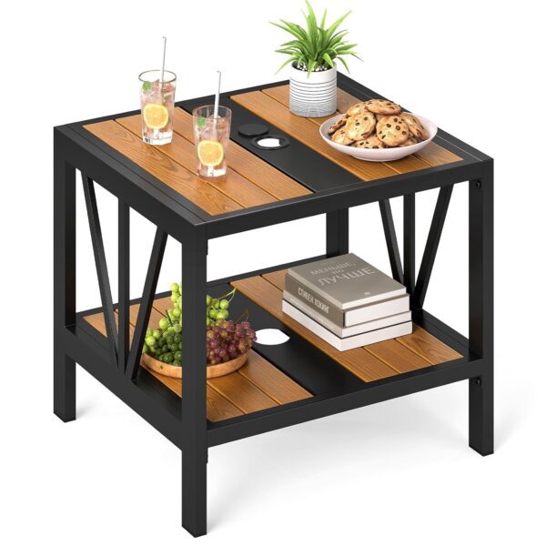 COSTWAY Garden Side Table, 2-Tier Metal Small Patio Coffee Table with 4cm Umbrella Hole and Storage Shelf, All-Weather Outdoor End Snack Tea Bistro Tables for Balcony Lawn...