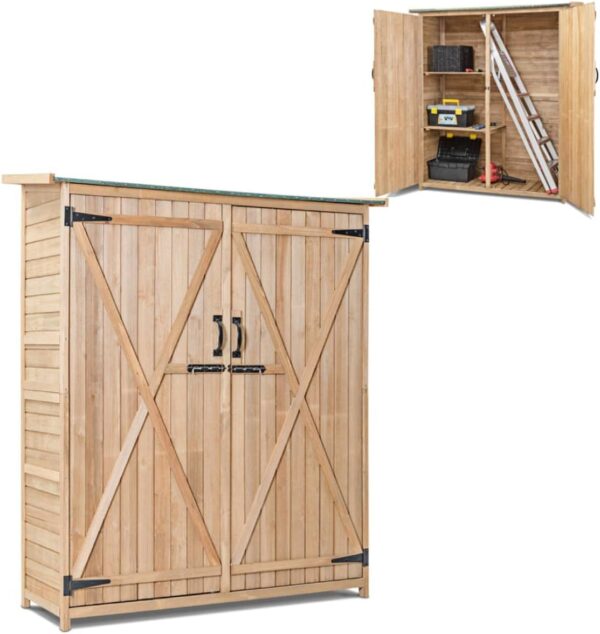 COSTWAY Garden Storage Cabinet, Waterproof Wooden Outdoor Tool Shed with Shelves, Double Lockable Doors & Slope Asphalt Roof, Tool Organizer Cabinet Cupboard for Backyard Patio...