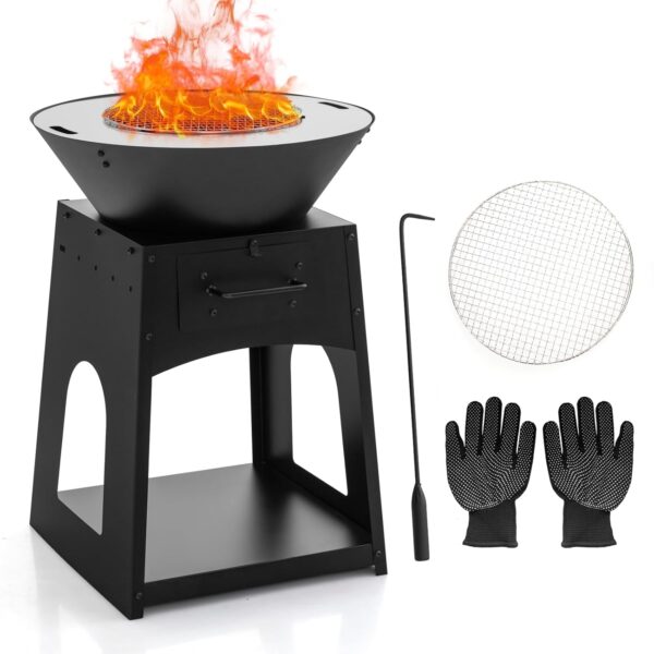 COSTWAY Heavy Duty Fire Pit, 60cm Large Wood Burning Fire Bowl with Fire Poker, Gloves, Grilling Rack and Storage Compartment, Metal Firepit Brazier Grill for Gathering & BBQ