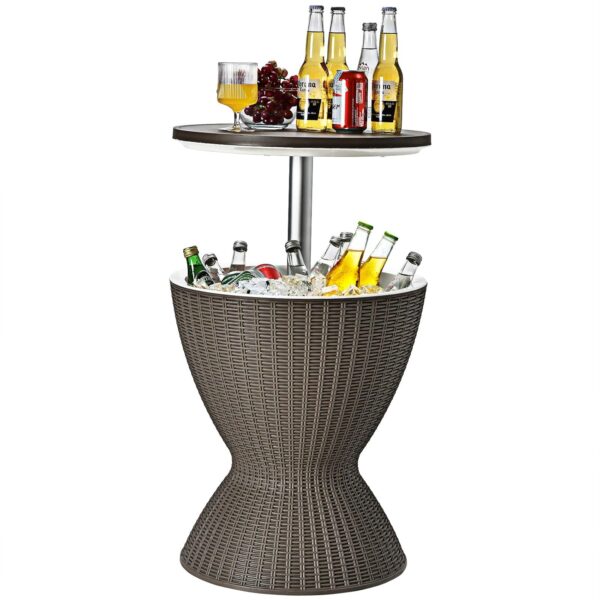 COSTWAY Ice Bucket Table, 30L Multifunctional Ice Beer Drinks Storage Holder with Height Adjustable Tabletop, Outdoor Garden Patio Deck Cool Bar for Camping Picnic Party (Brown)