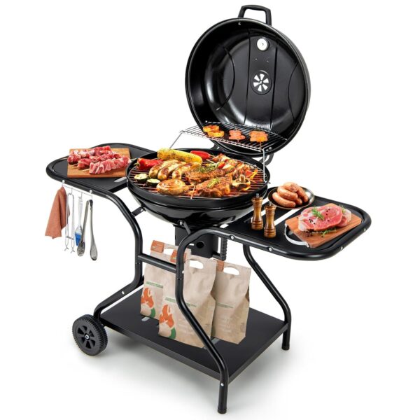 COSTWAY Kettle Charcoal Grill, Portable Barbecues Grill with Porcelain Enamel Body and Lid, Ash Catcher, 2 Side Tables, Storage Shelf, 4 Hooks, Wheels, Thermometer & Air Vents,...