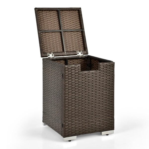 COSTWAY Outdoor Fire Pit with Rattan Table, Gas Bottle Tank Cover, Lava Rocks, Tile Top & PVC Cover, Patio Fire Pit & Storage Box (Propane Tank Table)