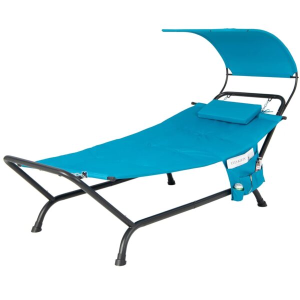 COSTWAY Outdoor Hammock with Stand and Canopy, Patio Swing Hammock Bed with Cushion, Pillow & Storage Pocket, Heavy Duty Steel Frame Hanging Chaise Lounge for Garden Lawn...