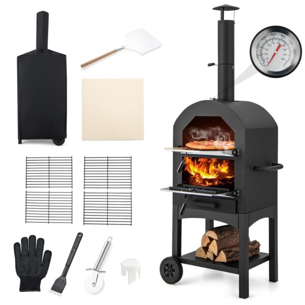 COSTWAY Outdoor Pizza Oven, Portable Wood Fire Pizza Maker with Waterproof Cover, Chimney and Pizza Stone, Charcoal BBQ Grill Camping Pizza Cooker (no Side Storage Shelves, 64 x...
