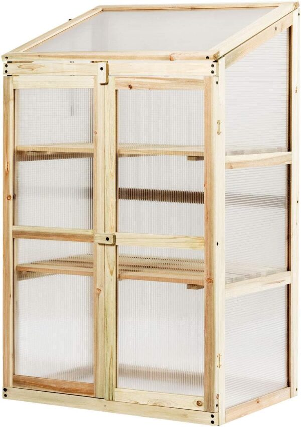 COSTWAY Outdoor Wooden Greenhouse, 3-Tiers Tools Storage Shelf Potted Plants Flowers Transparent Growhouse for Garden Balcony Backyard