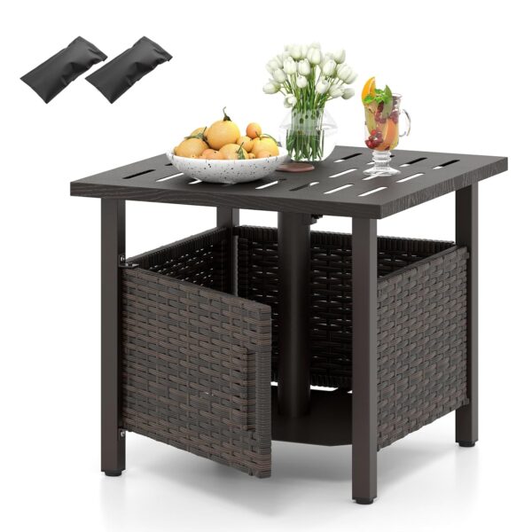 COSTWAY Patio Rattan Side Table, Square Wicker Small Garden Coffee Table with Umbrella Hole, 2 Weighted Sand Bags and Storage, All-Weather Outdoor Dining Tea End Bistro Tables...