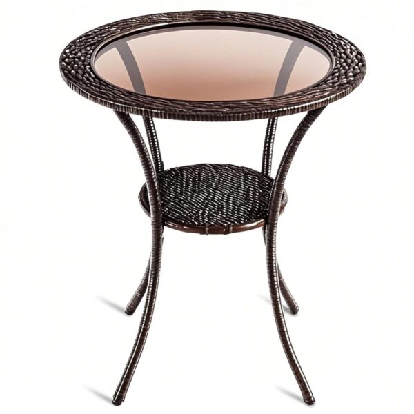 COSTWAY Rattan Coffee Table, Patio Bistro Table with Tempered Glass Top and Storage Shelf, Outdoor All-Weather Wicker Side Dining Table for Garden Balcony Deck Poolside (Brown,...