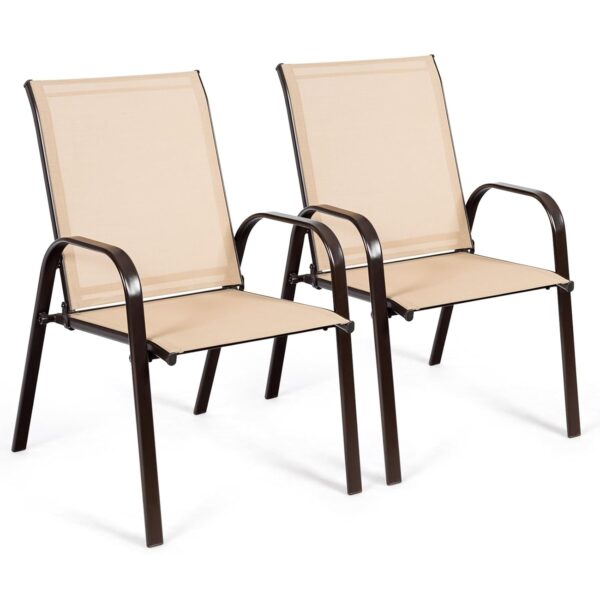 COSTWAY Set of 2 Patio Chairs, Portable High Back Garden Dining Chairs with Armrests, Outdoor Steel Frame Camping Chairs for Deck, Balcony, Yard and Beach (Beige)
