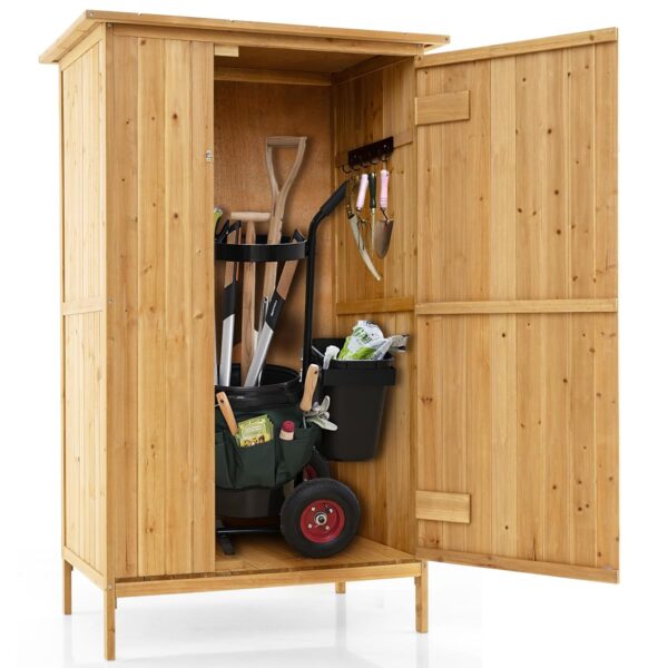 COSTWAY Wooden Garden Shed, 5 x 3FT Outdoor Tool Storage Cabinet with Asphalt Roof, 3 Shelves, Lockable Door & 5 Hanging Hooks, Vertical Tool Utility Organizer for Patio Deck...
