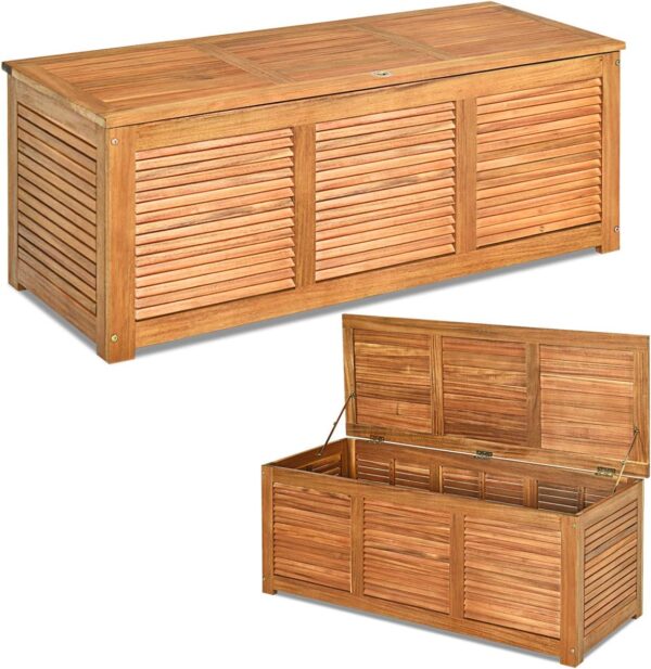 COSTWAY Wooden Garden Storage Box, 114cm/120cm Garden Storage Bench with Flexible Hinges and Handle, Indoor Outdoor Furniture Chest Organizer for Cushion Pillow Gardening Tools...