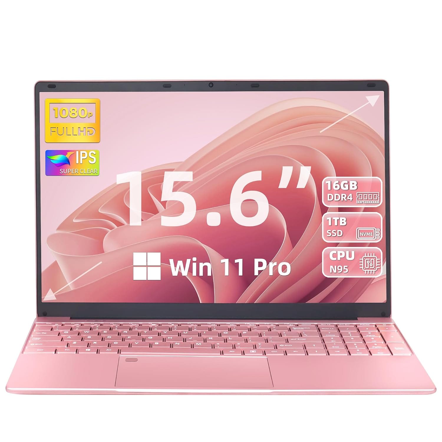 Fsjun 15.6'' Rose Gold Laptop, 12th Gen N95 (Up to 3.4GHz), 16GB DDR4 RAM, 1TB NVMe SSD, IPS FHD Display, Win11 Pro, Office 2019, USB 3.0, 2.4G/5GHz WiFi, Backlit KB, Mini HDMI...