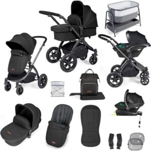 Get More for Less! Ickle Bubba Stomp Luxe 14-Piece Travel System Bundle with i-Size Stratus Car Seat & ISOFIX Base, Bubba&Me Crib, Pushchair, Footwarmers, Rain Cover & More -...