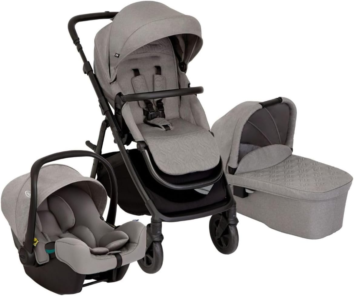 Graco Near2Me DLX Stylish Trio Including raincover, carrycot and car seat - Suitable from Birth to Approx. 4 Years (22kg). 3 x Slide2Me Height adjustments, Ash Fashion