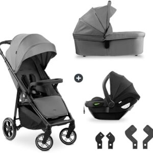 hauck Shop N Care Trio Set - 3 in 1 Pushchair Set with Pram, Car Seat and Pushchair from Birth to 22 kg, Compact, Reclinable, UV Protection 50+ – Grey