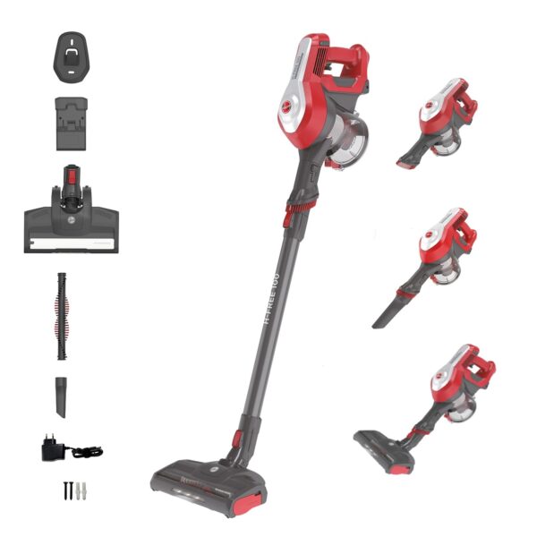 Hoover 39400928 HF122RH 011 Cordless Stick Vacuum Cleaner, Cyclonic System, 0.9L, Removable 22V Lithium Battery, 40min, 2 Speeds, Silver/Red