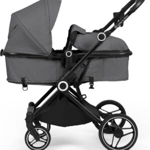 Ickle Bubba Atom All-in-One i-Size Travel System, 3-in-1 Pushchair with Cirrus Car Seat & ISOFIX Base, Suitable from Birth to 22kg, Compact & Lightweight Pram – Graphite Grey
