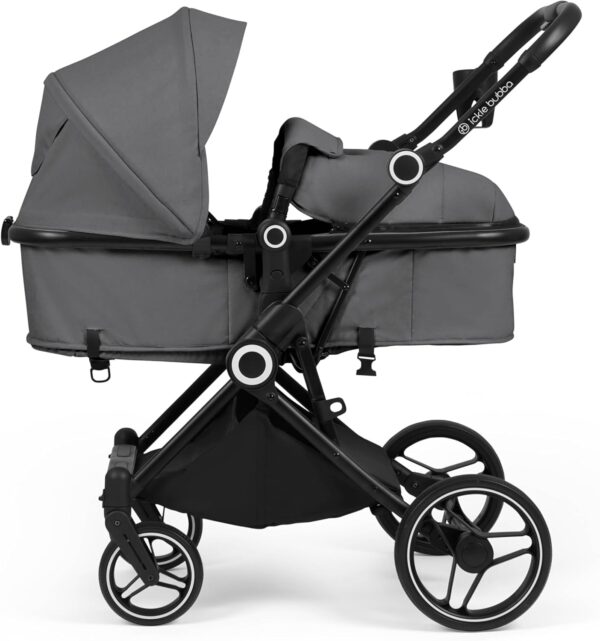 Ickle Bubba Atom All-in-One i-Size Travel System, 3-in-1 Pushchair with Cirrus Car Seat & ISOFIX Base, Suitable from Birth to 22kg, Compact & Lightweight Pram – Graphite Grey