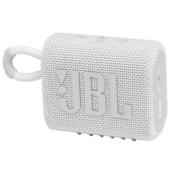 JBL GO 3 Wireless Bluetooth Portable Speaker with Integrated Loop for Travel with USB C Charging Cable, White