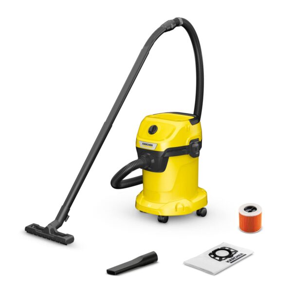 Kärcher Wet and Dry Vacuum Cleaner WD 3, incl. Cartridge Filter, Fleece Filter Bag, 1000w, Plastic Container: 17 L, Suction Hose: 2 m and Hose Storage, Blowing Function, Floor...
