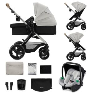 Kinderkraft MOOV XL 3 in 1, Baby Stroller up to 27 kg, Carrycot, with I-Size Car Seat 40-75 cm, Foldable, Shock Absorbing, Convertible, with Accessories, Light Gray