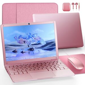 Laptop Computer, Windows 11 Laptop, 8GB+128GB, Intel Celeron Quad-Core Processors, 10" Laptops, Bluetooth WiFi Webcam HDMI, and Laptop Bag,Mouse, Mouse Pad, Headphone（Rose Gold）