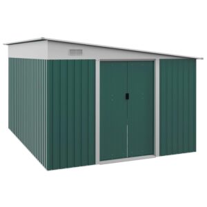 Outsunny 11.3 x 9.2ft Lean to Metal Garden Shed, Outdoor Galvanised Tool Storage House with Double Sliding Doors and 2 Air Vents, Green