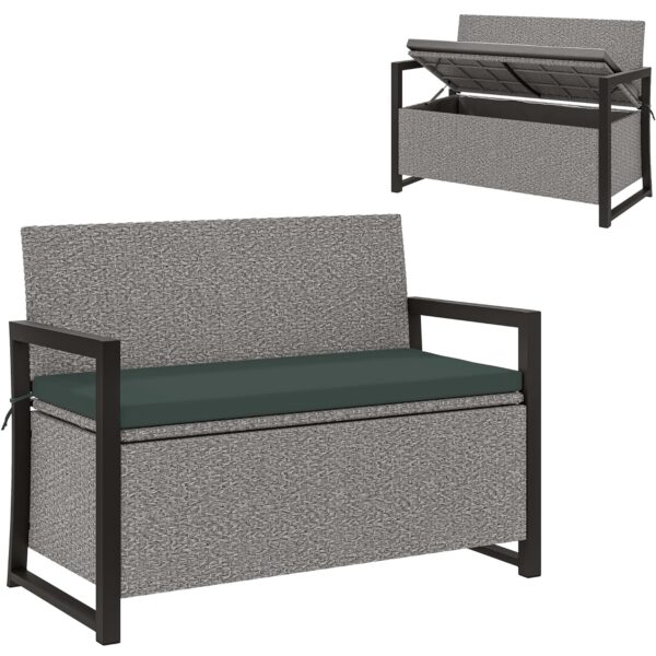Outsunny 151.5 L Garden Storage Bench with Inner Bag, 2 Seater PE Rattan Outdoor Garden Bench with Storage, Cushion, Wicker Outdoor Loveseat for Patio, Grey