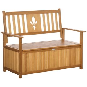Outsunny 2 Seater Garden Storage Bench, 164L Outdoor Storage Box with Backrest Flower Pattern, Wooden Garden Bench with Armrests, 125 x 68.5 x 97cm, Natural