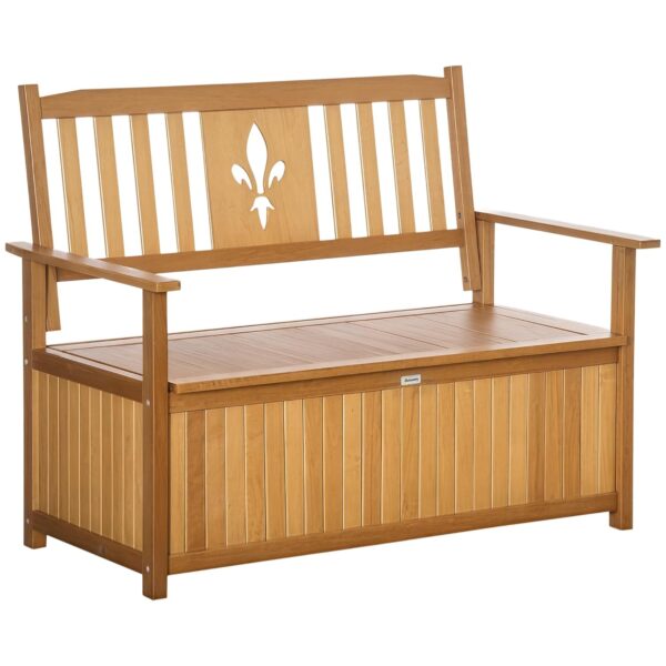 Outsunny 2 Seater Garden Storage Bench, 164L Outdoor Storage Box with Backrest Flower Pattern, Wooden Garden Bench with Armrests, 125 x 68.5 x 97cm, Natural