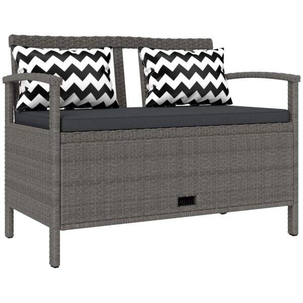 Outsunny 2 Seater Garden Storage Bench with 160L Capacity, PE Rattan Garden Bench with Storage, Wicker Outdoor Bench Loveseat with Cushion, Pillows and Steel Frame for Patio, Grey
