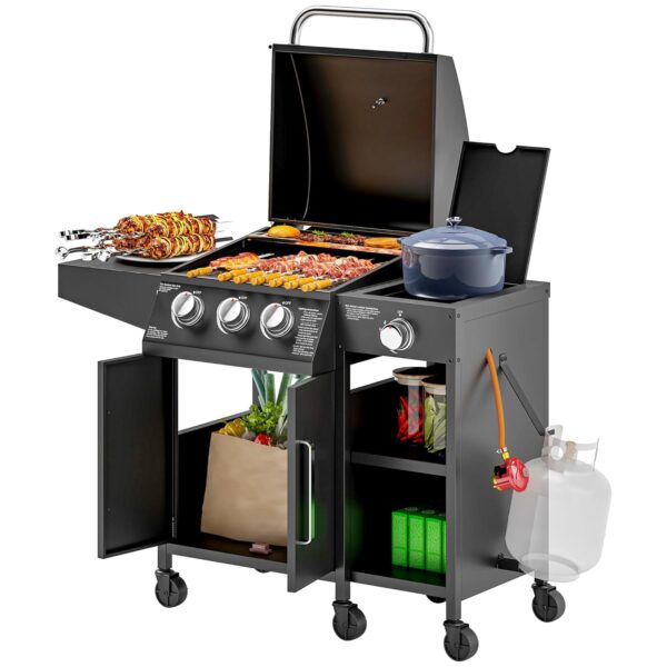 Outsunny 3+1 Burner Gas BBQ Grill with Storage Cabinet and Shelves, 9.5 kW Gas Barbecue Trolley with 6 Castor Wheels, Warming Rack, Thermometer for Outdoor Cooking Garden Party,...