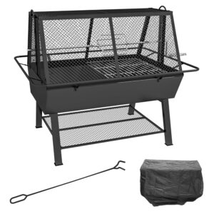 Outsunny 3-in-1 BBQ Rotisserie Grill Roaster Fire Pit with Storage Shelf, Mesh Lid and Poker, Charcoal Chicken Spit Roast Machine with Waterproof Cover for Outdoor Picnic...