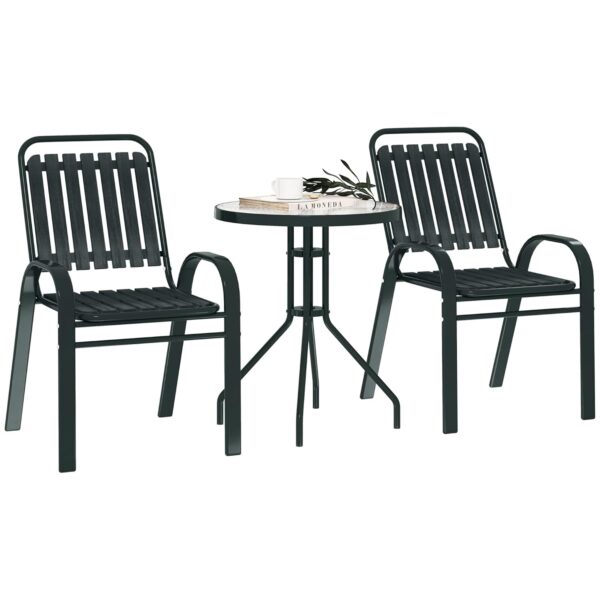 Outsunny 3 Pieces Patio Bistro Set, Garden Furniture Set with Stackable Chairs, Tempered Glass Table, Rust Resistant for Outdoor, Balcony, Patio, Garden, Charcoal Grey