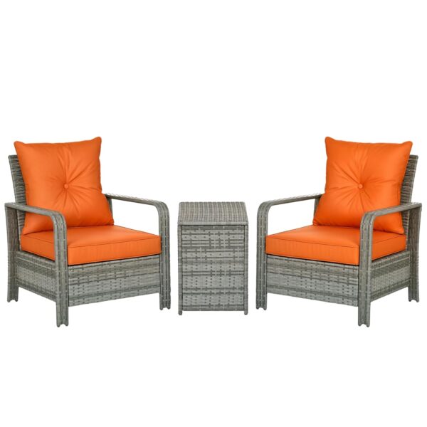 Outsunny 3 Pieces Rattan Bistro Set, Wicker Garden Furniture Set with Storage Coffee Table and Chairs, Thickened Cushions for Outdoor, Patio, Balcony, Orange