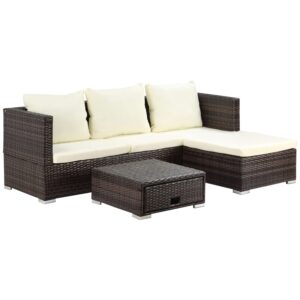 Outsunny 3 Pieces Rattan Garden Furniture Sofa Set, 4 Seater Garden Corner Sofa with 5-Level Reclining Sun Lounger and Storage Coffee Table, Outdoor Furniture Conservatory Set...