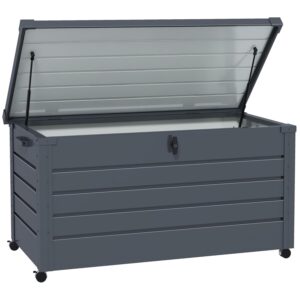 Outsunny 331 Litre Garden Storage Box, Waterproof Outdoor Storage Box for Tools, Cushions, Lockable Galvanised Steel Outside Deck Box Organiser with Wheels and Handles, Dark Grey