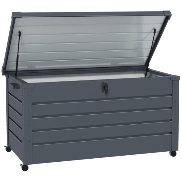 Outsunny 331 Litre Garden Storage Box, Waterproof Outdoor Storage Box for Tools, Cushions, Lockable Galvanised Steel Outside Deck Box Organiser with Wheels and Handles, Dark Grey