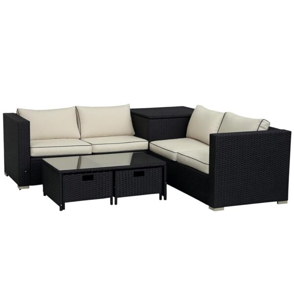 Outsunny 4 Pieces Rattan Garden Furniture Set, 4 Seater Corner Sofa Set with Storage Box, 2 Drawers Coffee Table, Loveseats with Cushions, Wicker Garden Conservatory Furniture...