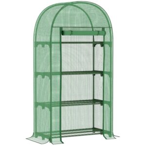 Outsunny 4 Tier Mini Greenhouse for Outdoor, Portable Gardening Plant Green House with Storage Shelf, Roll-Up Zipped Door, Metal Frame and PE Cover, 80 x 49 x 160cm, Green