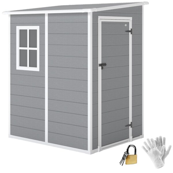 Outsunny 4 x 5FT Plastic Garden Shed, Lean to Shed, Lockable Tool Storage House with Window, Vent and Plastic Roof, Grey