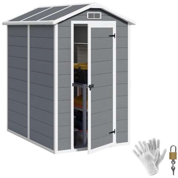 Outsunny 4 x 6ft Garden Shed, Plastic Shed with Floor, Window, Lockable Door and Vents, Resin Tool Shed for Outdoor Patio Storage, Zero Maintenance, Grey