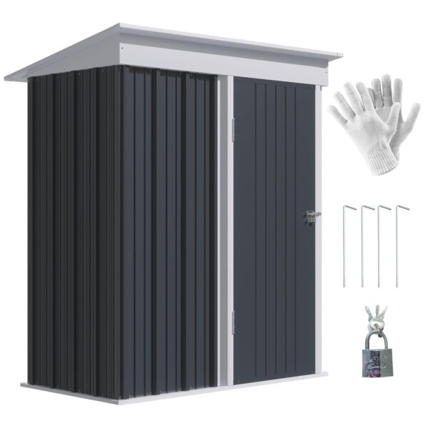 Outsunny 5x3ft Garden Shed, Steel Small Shed, Outdoor Lean-to Shed with Adjustable Shelf, Lock and Gloves for Patio, Garden, Dark Grey with Foundation Kit