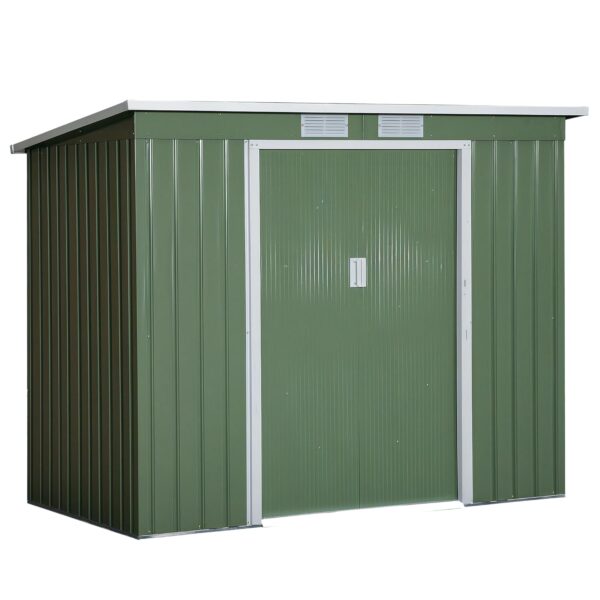 Outsunny 7 x 4ft Lean to Garden Shed with Foundation Kit, Double Door and Vents, Outdoor Metal Storage Shed for Equipment Tools, Green