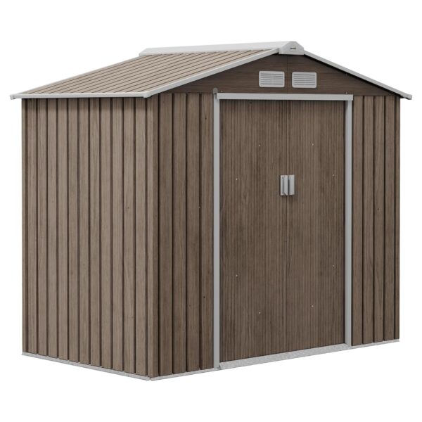 Outsunny 7 x 4ft Metal Garden Shed, Outdoor Storage Tool House with Ventilation Slots, Foundation Kit and Lockable Double Doors, Light Brown